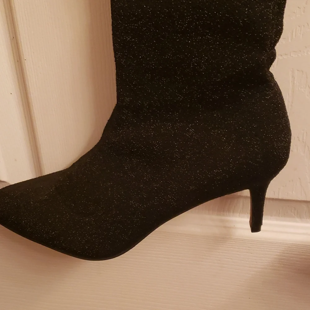 Marjorie2 Over-the-knee vegan, black Glitter Sparkling Black Heel Boots Sz38 - Picture 3 of 4